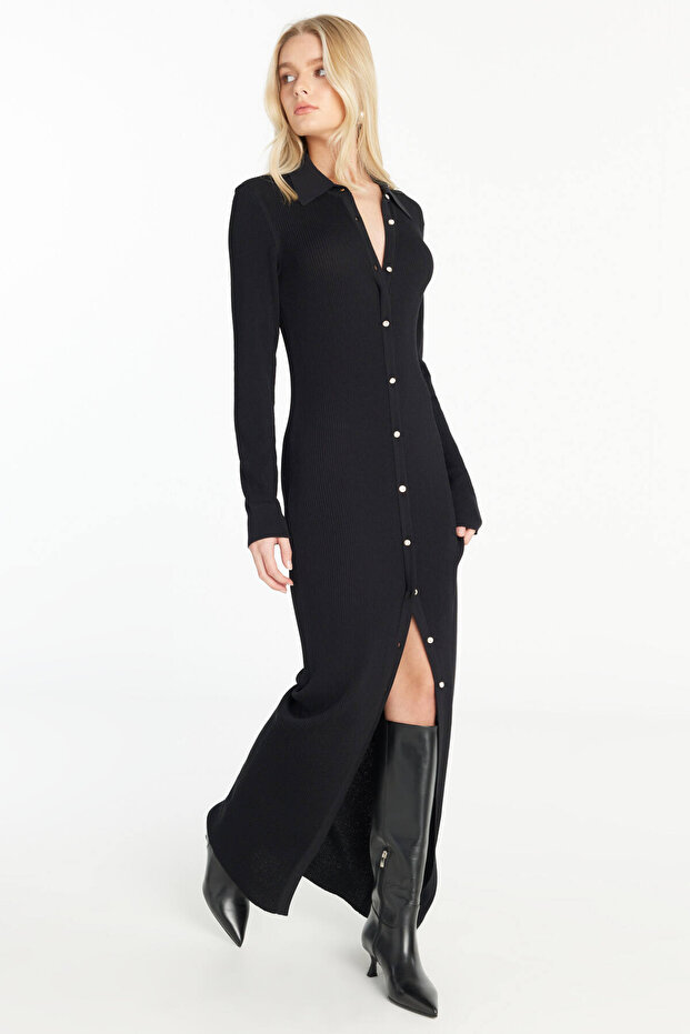 SİYAH TRİKO GÖMLEK ELBİSE - 1