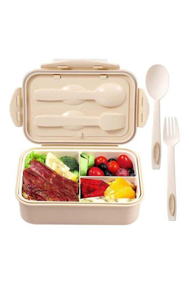 صندوق غداء بثلاث شبكات مع غطاء، لون بيج