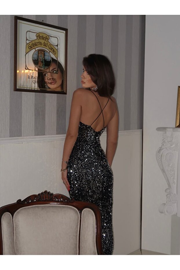 Payetli Siyah Maxi Elbise - 5