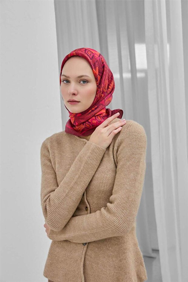 Viscose Velora Scarf Burgundy Patterned Tok Duruşlu Four Seasons 90X90