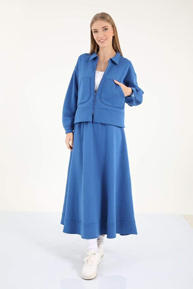 5383 - Stylish Comfortable 3 Thread Sh Fleece-Lined Short Jacket Skirt Women's Set