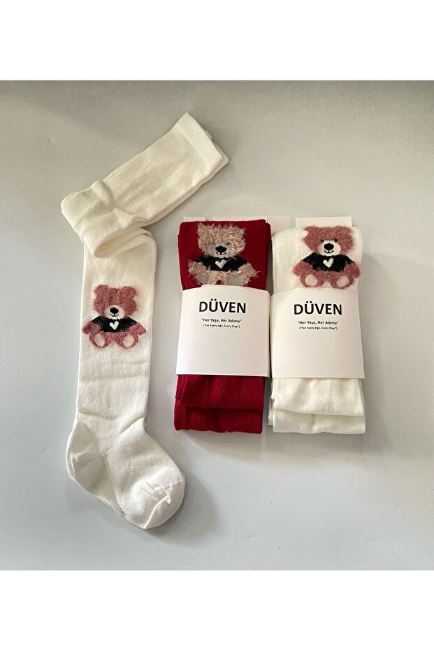Pack of 2 Girls' Colorful Cotton Teddy Bear Patterned Pantyhose