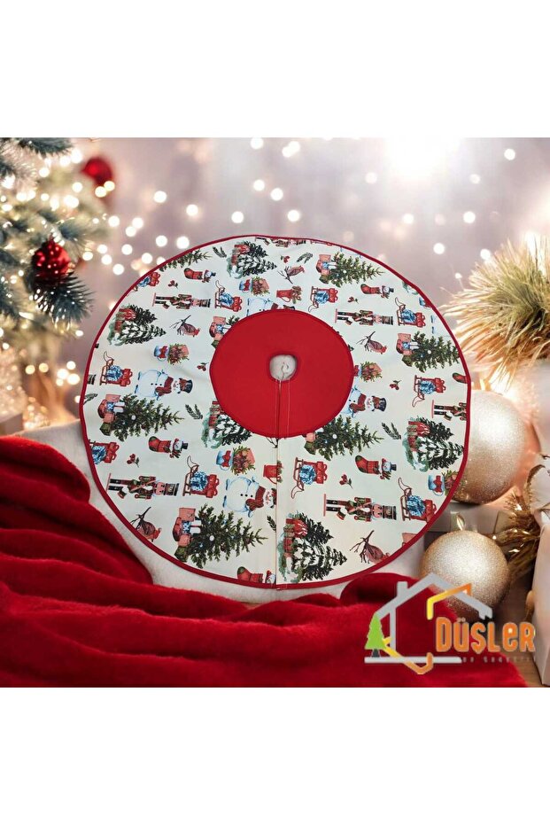 Cream Pine Tree and Figured Christmas Foot Rug, Christmas Tree Skirt, Pine Tree Skirt Washable