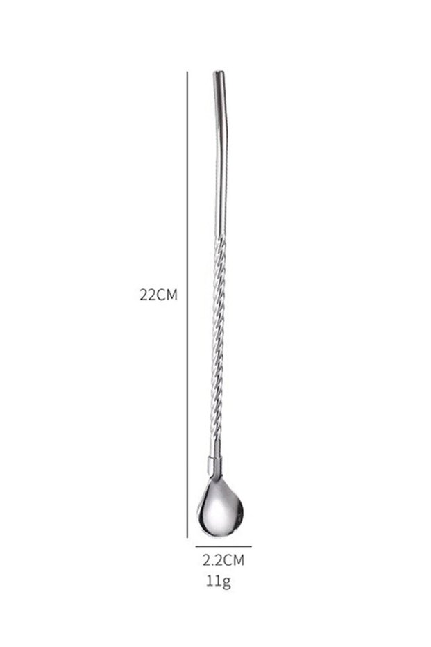 Set of 6 Stainless Chrome Straw Cocktail Bar Spoons and Cleaning Brush, Cocktail Stirrer, Silver Color