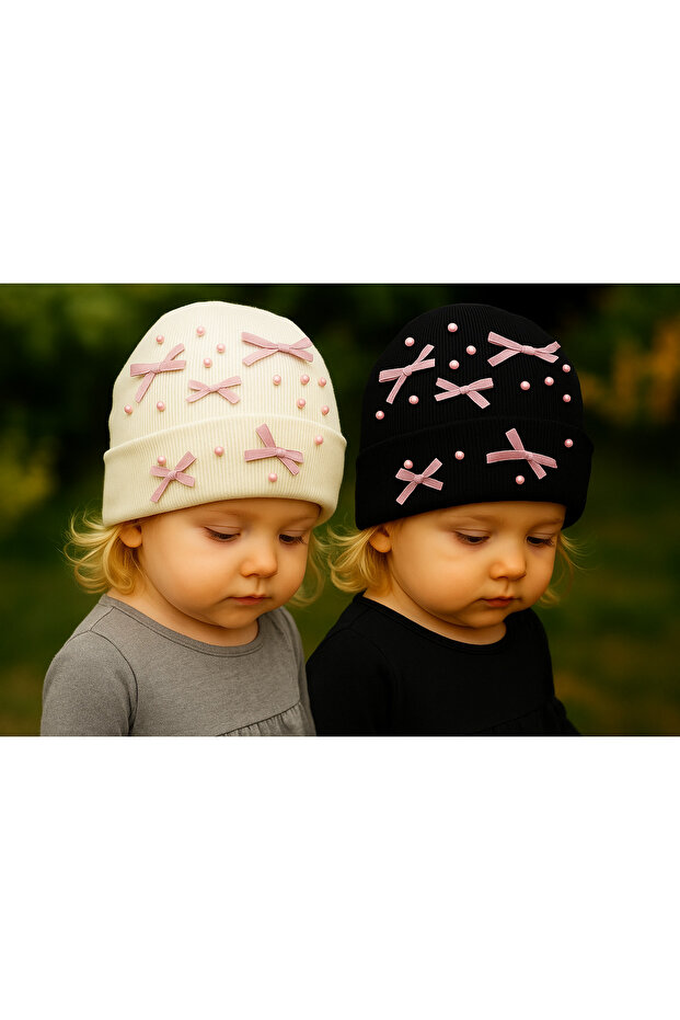 Pack of 2 Flexible Ribbed Knit Bow Beret Set with Pearl Details