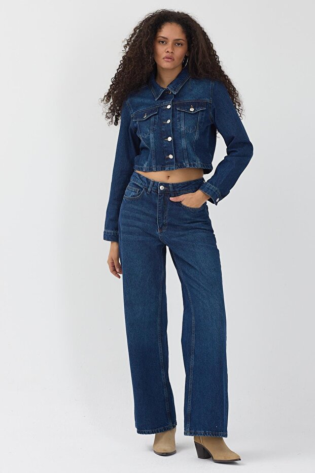 Women's Navy Blue Crop Denim Jacket Wide Leg Jeans Denim Set