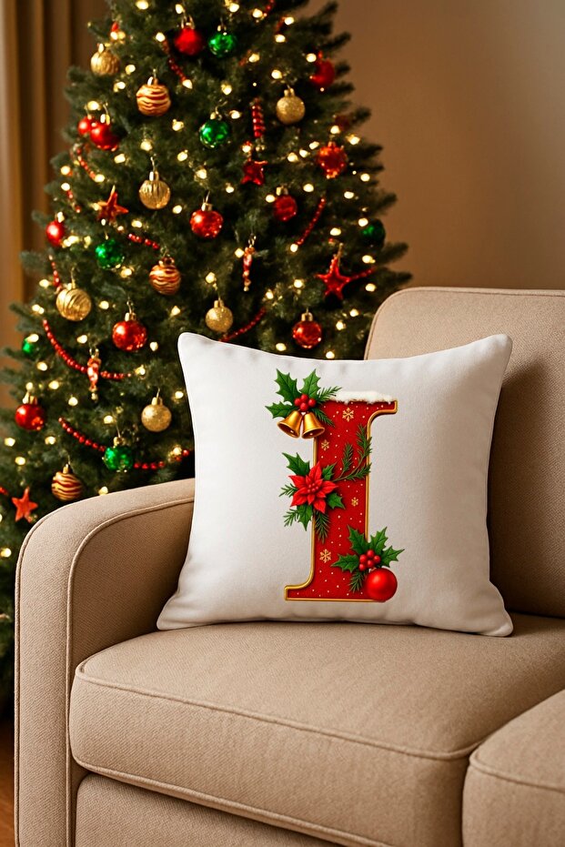 Digital Printed Red Letter I Decorative Throw Pillow Cover with New Year's Pine Decoration