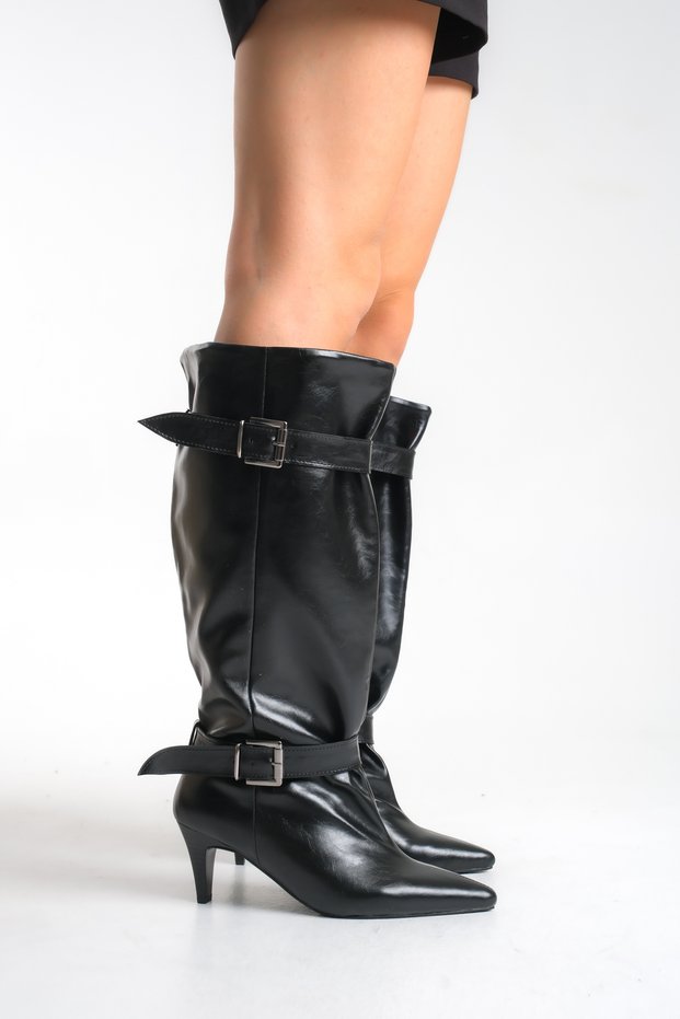 Black Shiny Leather Women's Boots Mini Short Heeled Buckle Below Knee Non-Slip Sole Freya