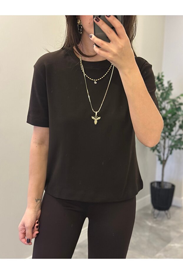 تيشيرت بياقة دائرية من العلامة التجارية الأصلية - بني - 3