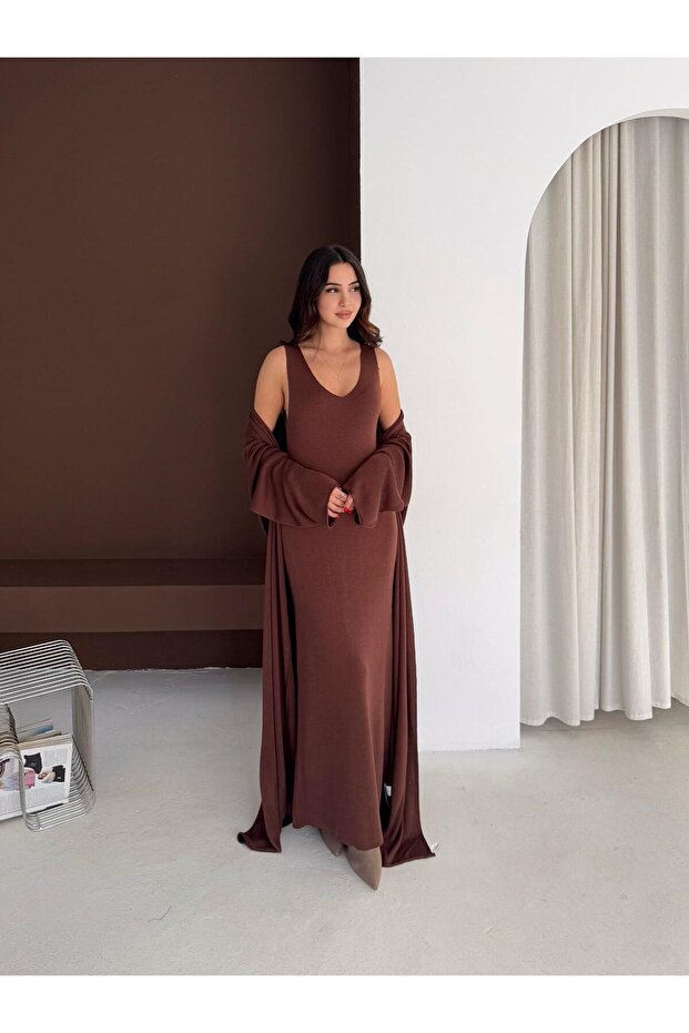 V-Neck Sleeveless Long Dress Knitted Set with Cardigan