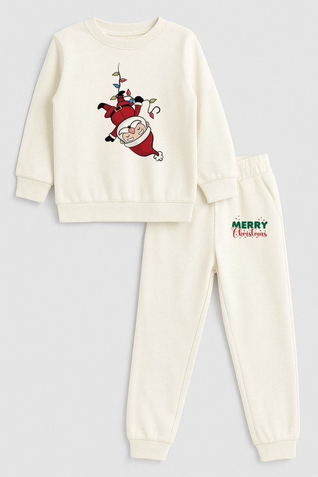 2026 New Year Santa Claus Christmas Printed Crew Neck Ecru Children's Tracksuit Bottom Top Set