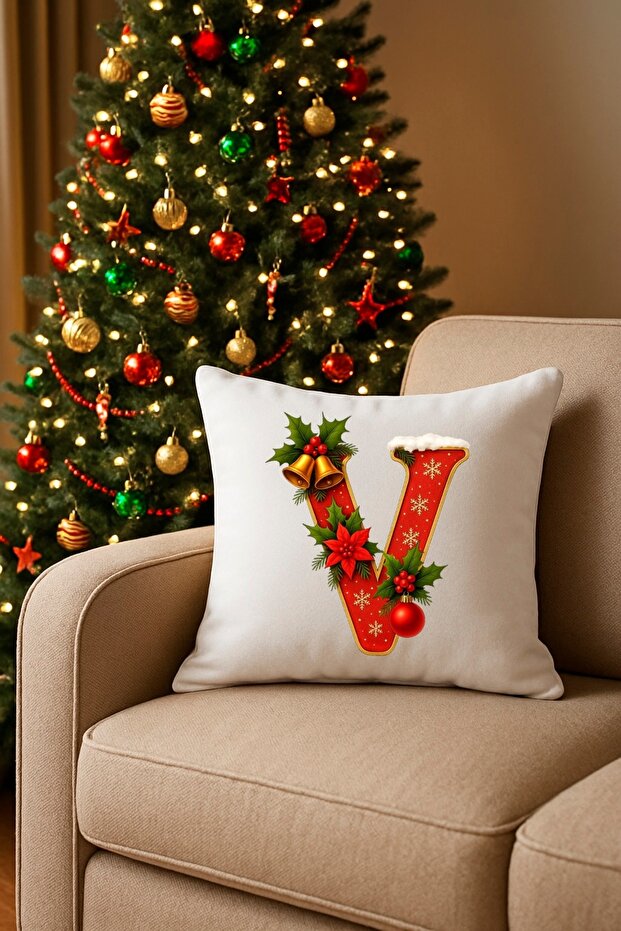 Digital Printed Red Letter V Decorative Throw Pillow Cover with Christmas Pine Decoration