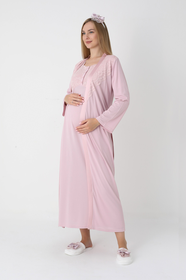 Maternity Nightgown – Lace Detailing, Long Sleeves, Front Buttoned for Easy Breastfeeding, Cotton Fabric