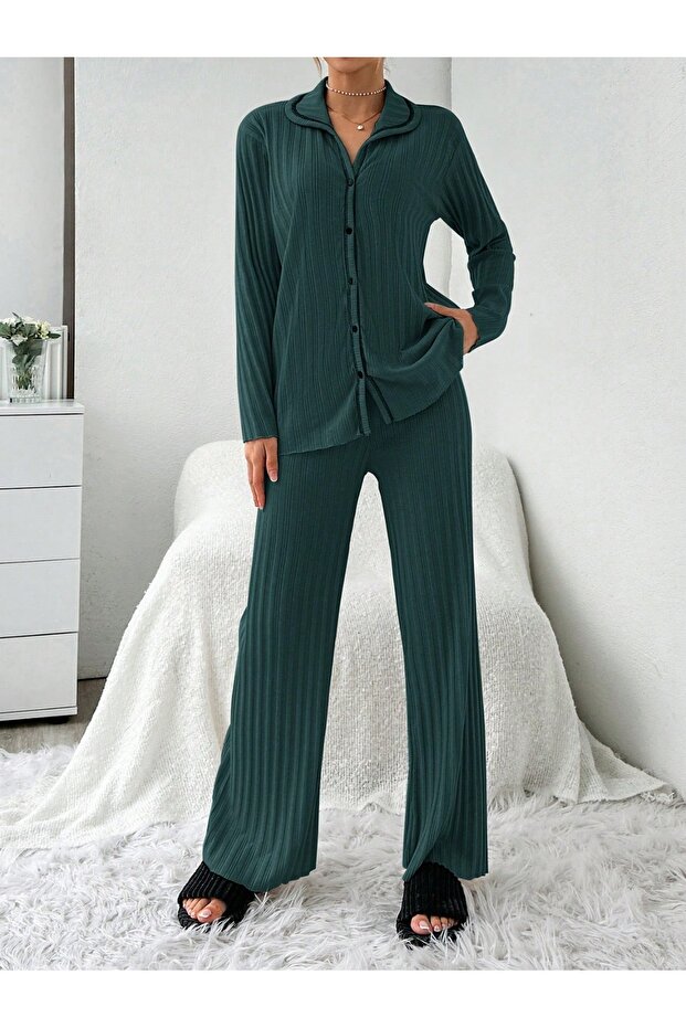 Khaki Plain Front Buttoned Pajama Set - 2