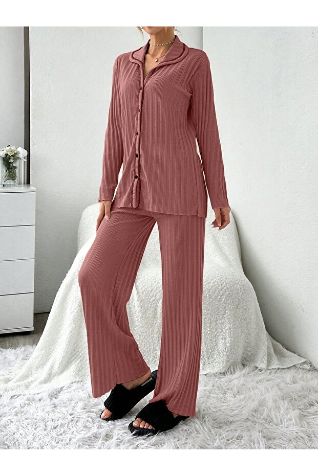 Powder Plain Front Buttoned Pajama Set - 4