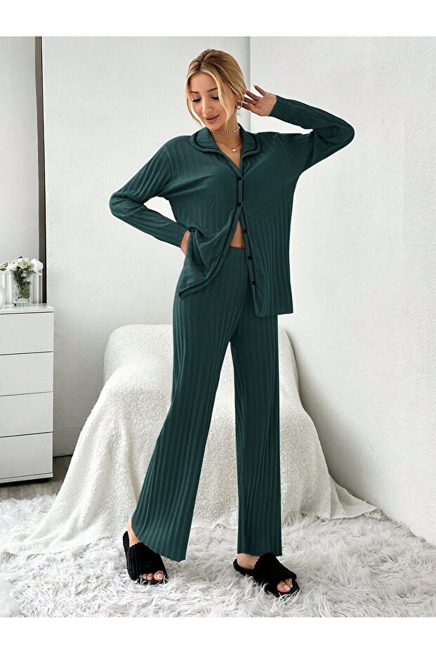 Khaki Plain Front Buttoned Pajama Set - 3