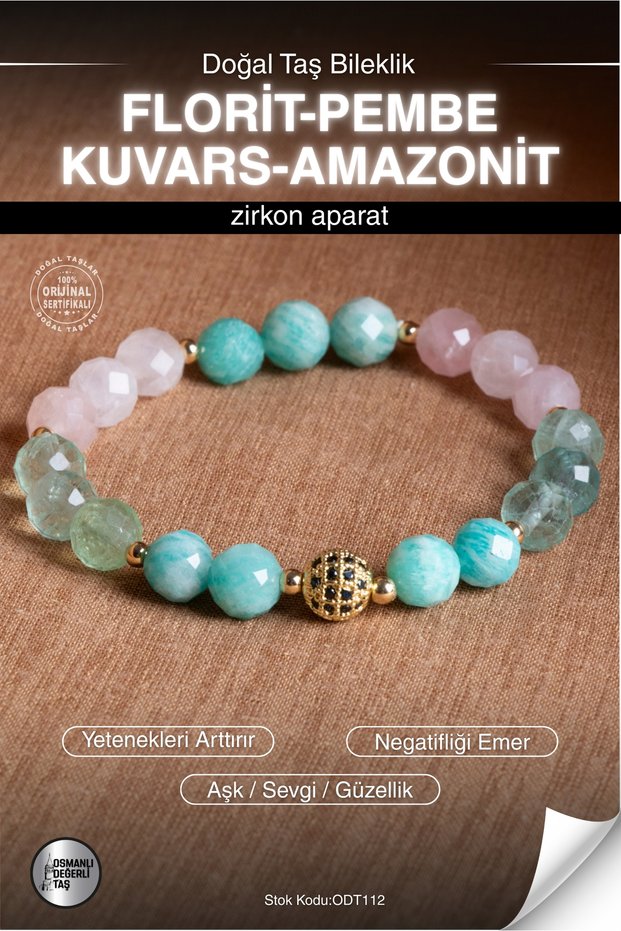 Certified Fluorite-Pink Quartz-Amazonite Natural Stone Zircon Apparatus Bracelet Odt112