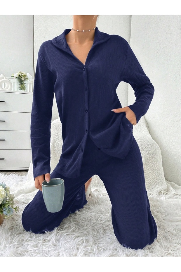 Navy Blue Flat Front Buttoned Pajama Set - 2