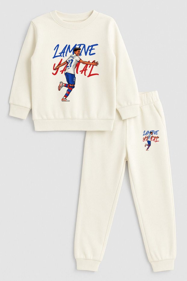 Footballer Yamal Printed Crew Neck Ecru Children's Tracksuit Bottom Top Set