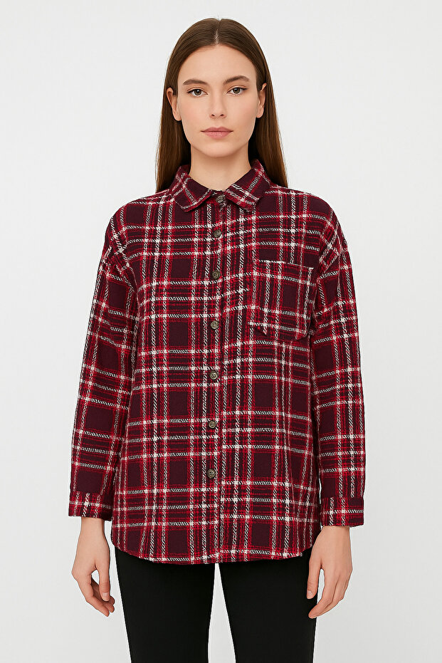 Women's Burgundy Checkered Lumberjack Shirt – Soft Textured Oversized Long Sleeve -