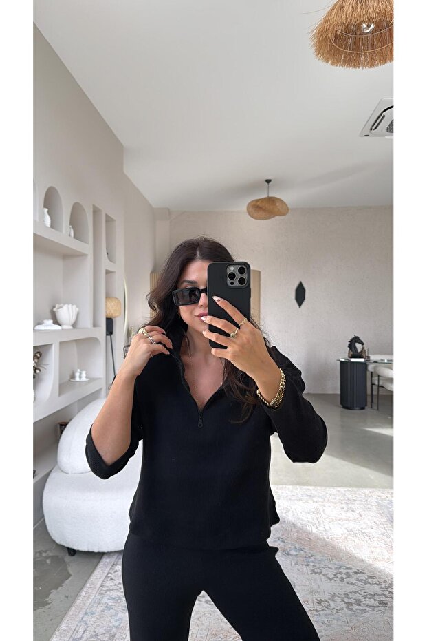 Μαύρο Σετ κοτλέ Basic με μισό φερμουάρ - 4