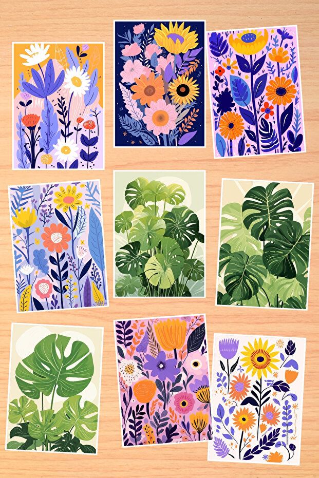 Bohemian Flowers Themed 9-Piece Postcard Set
