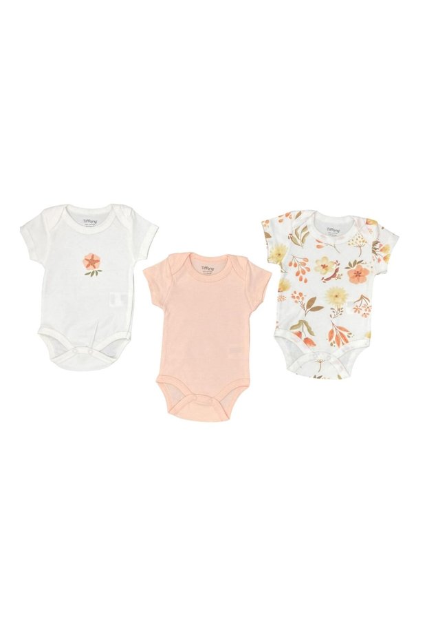 Baby Girl Flower Garden 3-Piece Half Sleeve Bodysuit Set Ecru 15008
