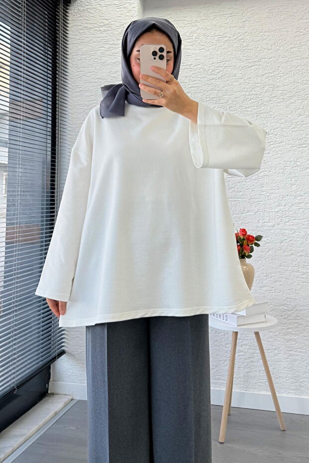 Volan Kol Basic Oversize Tunik – Ekru - 7