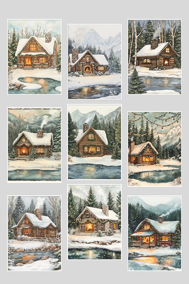 Rustic Winter Houses Themed 9-Piece Postcard Set