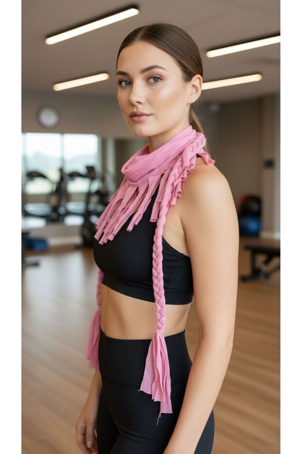 Pink Knitted Patterned Combed Cotton Women's Scarf 150X24 cm
