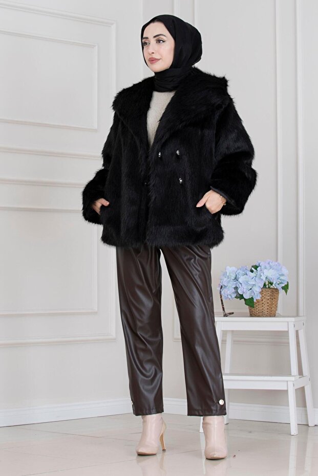 Shawl Collar Velcro Faux Fur-Black