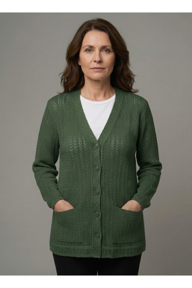 Women's Mother Green Knitted Cardigan V-Neck Buttoned Mercerized Cardigan with Pocket Detail