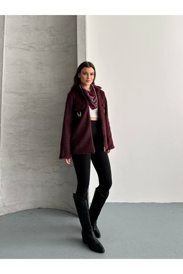 Asur Boutique Women's Felt Fabric Buckle Zipper Jacket
