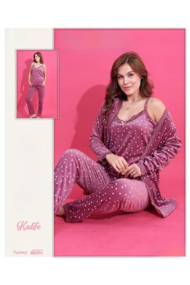 Velvet Lace Detailed Patterned 3-Piece Pajama Set with Dressing Gown