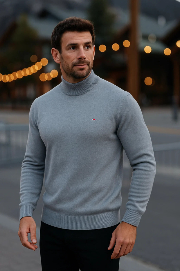 Men's Basic Winter Half-High Collar Long Gray Sweater - 1