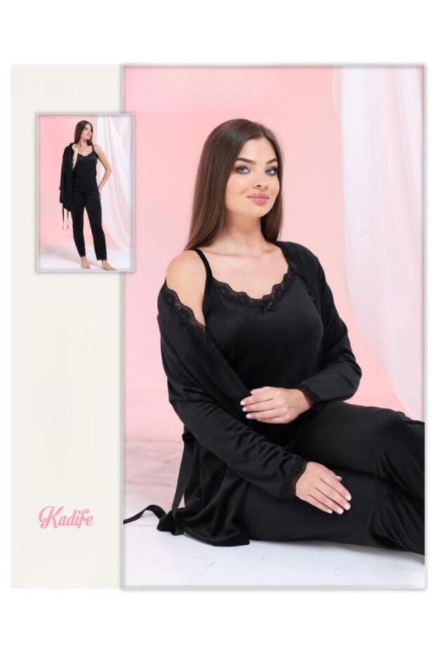 Velvet Lace Detailed Plain 3-Piece Pajama Set with Dressing Gown