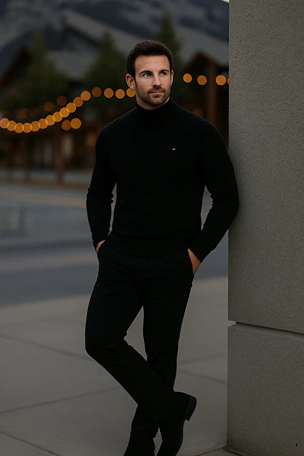 Men's Basic Winter Half-Thigh Length Long Black Sweater - 4