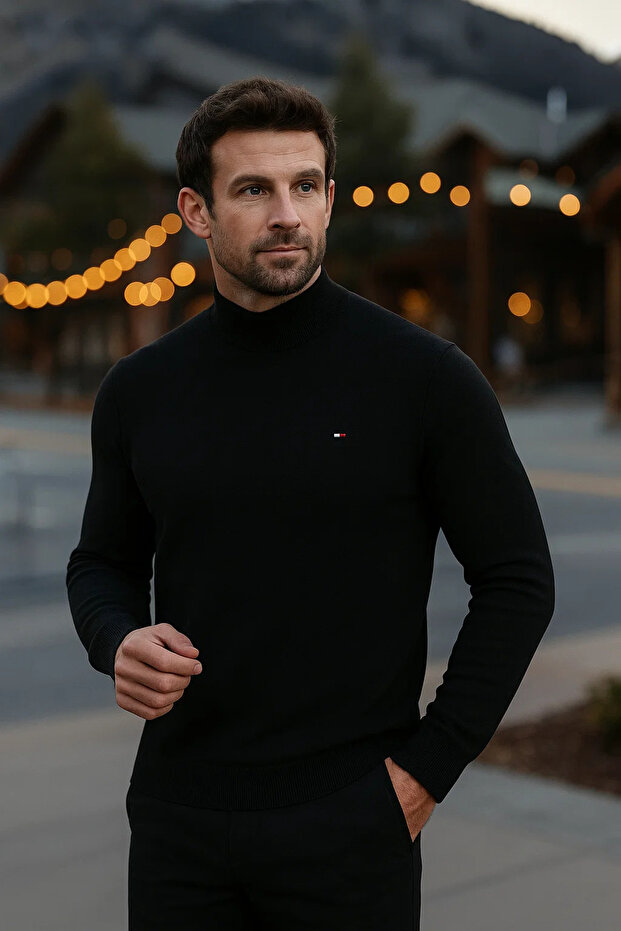 Men's Basic Winter Half-Thigh Length Long Black Sweater - 1