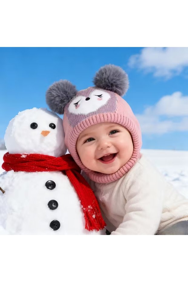 (6 Months-2 Years) Pompom Bear Ears Heart Winter Knitted Girl/Boy Beanie Hat