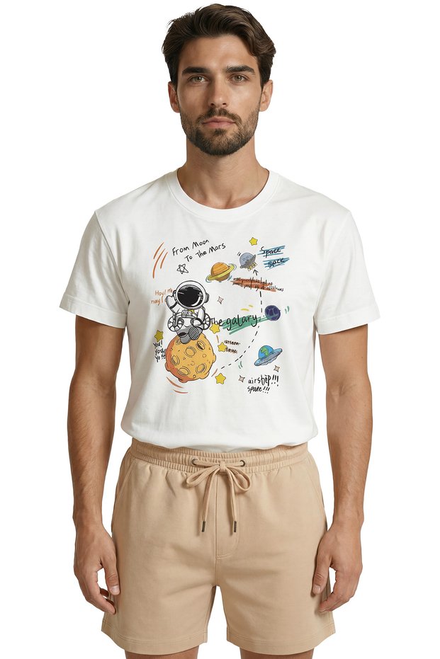 ''From Moon to Mars'' Astronaut and Galaxy Themed Doodle Printed Premium Men's T-Shirt