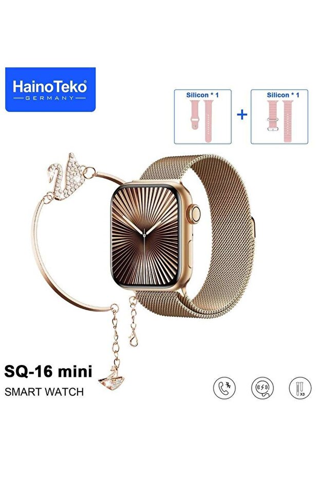 SQ-16 Mini AMOLED Smart Watch with Bracelet & 3 Straps - Gold