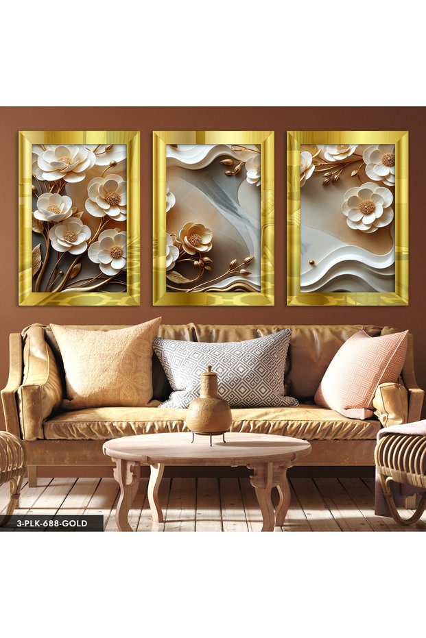 Elegant White Flowers with Gold Leaves 3 Piece Gold Plexi Mirrored Table