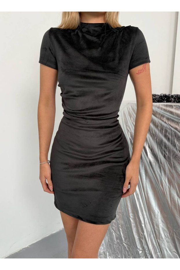 Ruched Detail Black Suede Mini Dress
