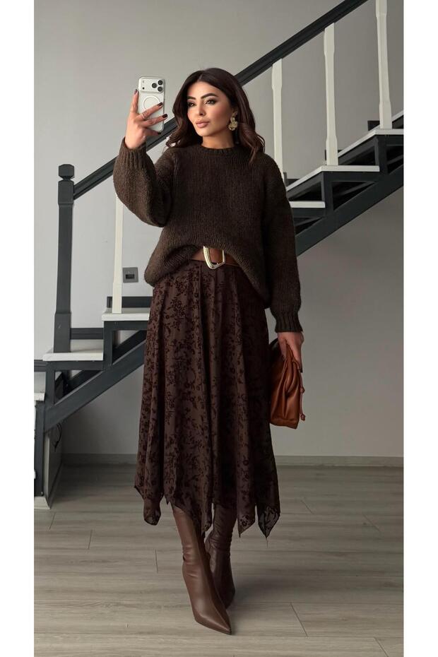 Bitter brown embossed patterned lined asymmetrical skirt