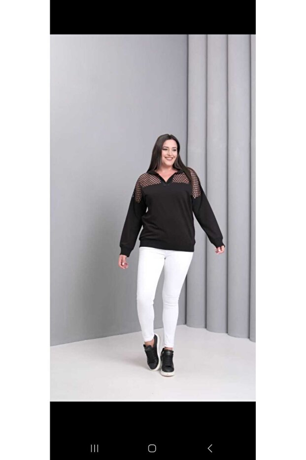 Plus Size Mesh Detailed Two-Thread Sweat - 4