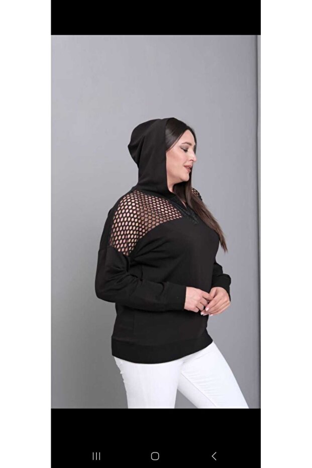Plus Size Mesh Detailed Two-Thread Sweat - 3