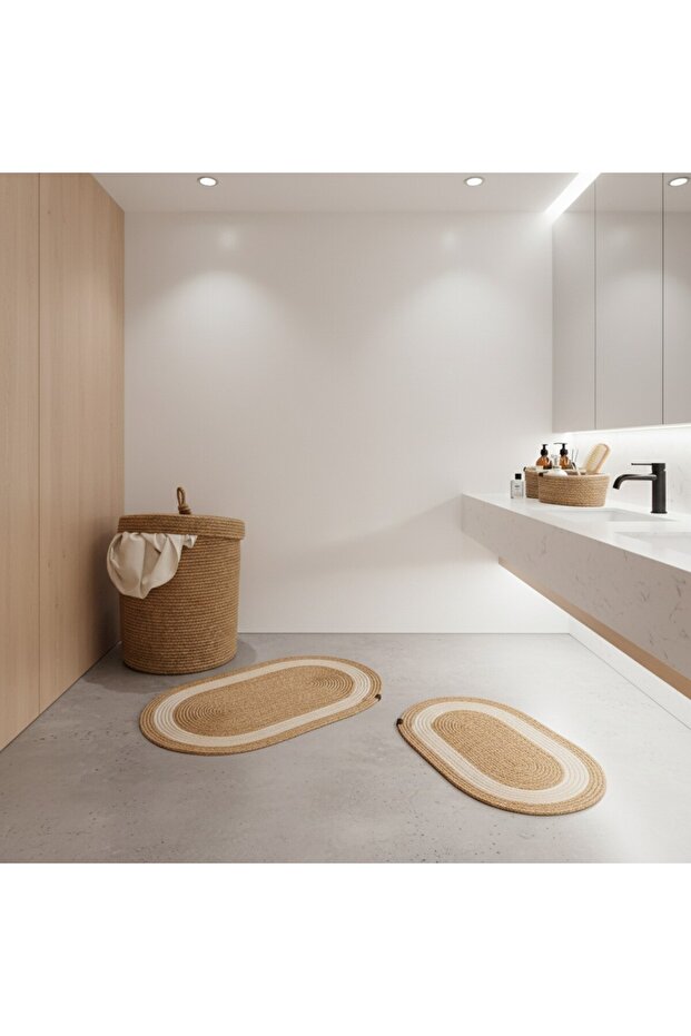 Straw / Jute 5 Piece White Striped Bath Mat Set | Dirty Laundry Basket | Oval Baskets - 8