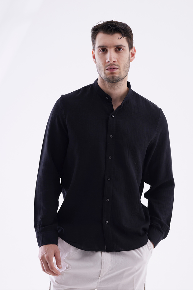 100% Cotton Regular Fit Judge Collar Muslin Long Sleeve Shirt - Black