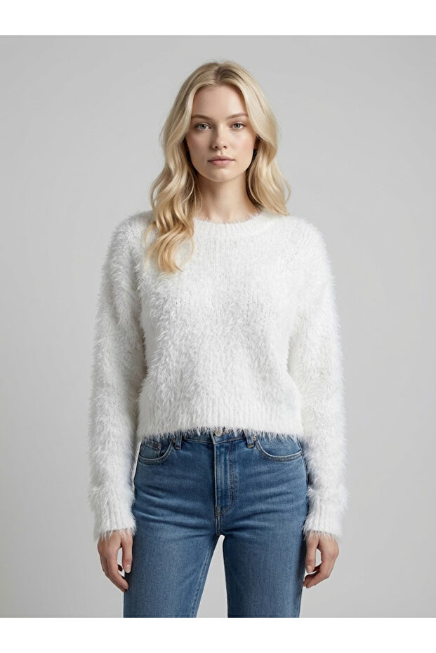 Women's Furry Textured Basic Knit Sweater