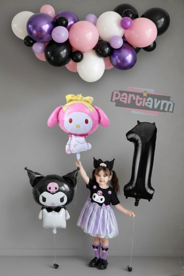 1 Year Old Kuromi and My Melody Black Number Balloon Balloon Chain Full Set with Video Easy Installation